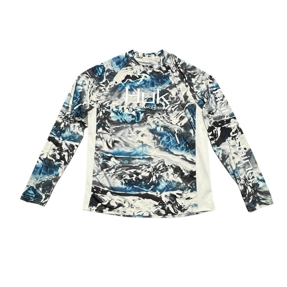 Huk Performance Fishing Shirt Long Sleeve Blue Camo Mens Medium Mossy Oak casual - Picture 1 of 13